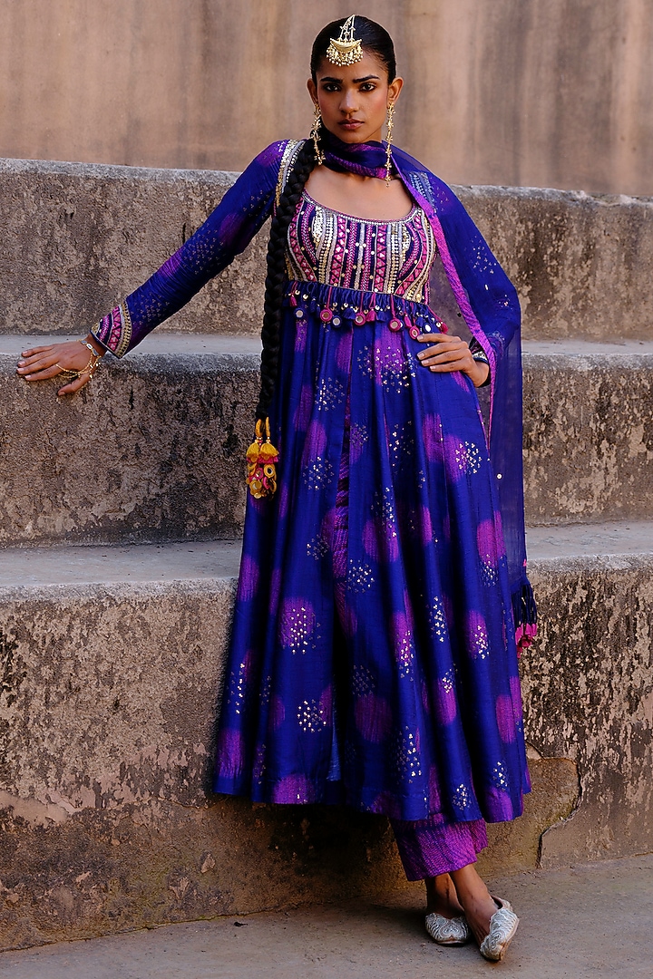 Blue Dupion Silk Ikat Digital Printed Wedding Anarkali Set by Drishti & Zahabia at Pernia's Pop Up Shop