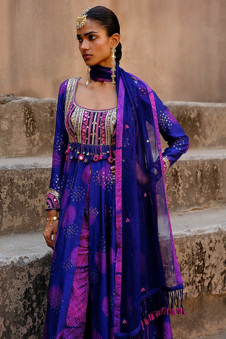 Blue Dupion Silk Ikat Digital Printed Wedding Anarkali Set by Drishti & Zahabia at Pernia's Pop Up Shop