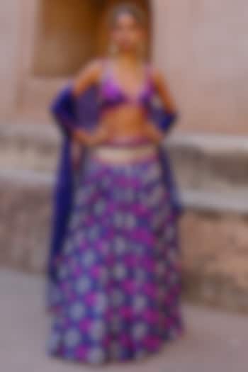 Blue Dupion Silk Ikat Digital Printed Wedding Lehenga Set by Drishti & Zahabia at Pernia's Pop Up Shop