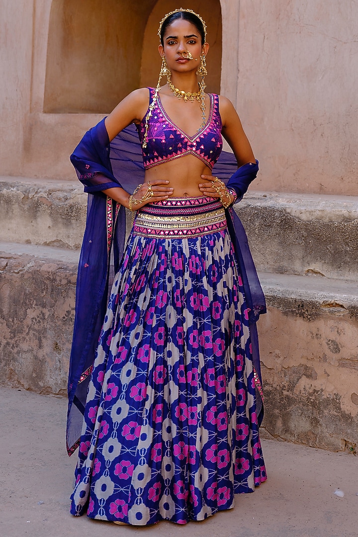 Blue Dupion Silk Ikat Digital Printed Wedding Lehenga Set by Drishti & Zahabia at Pernia's Pop Up Shop