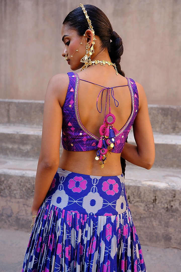 Blue Dupion Silk Ikat Digital Printed Wedding Lehenga Set by Drishti & Zahabia at Pernia's Pop Up Shop