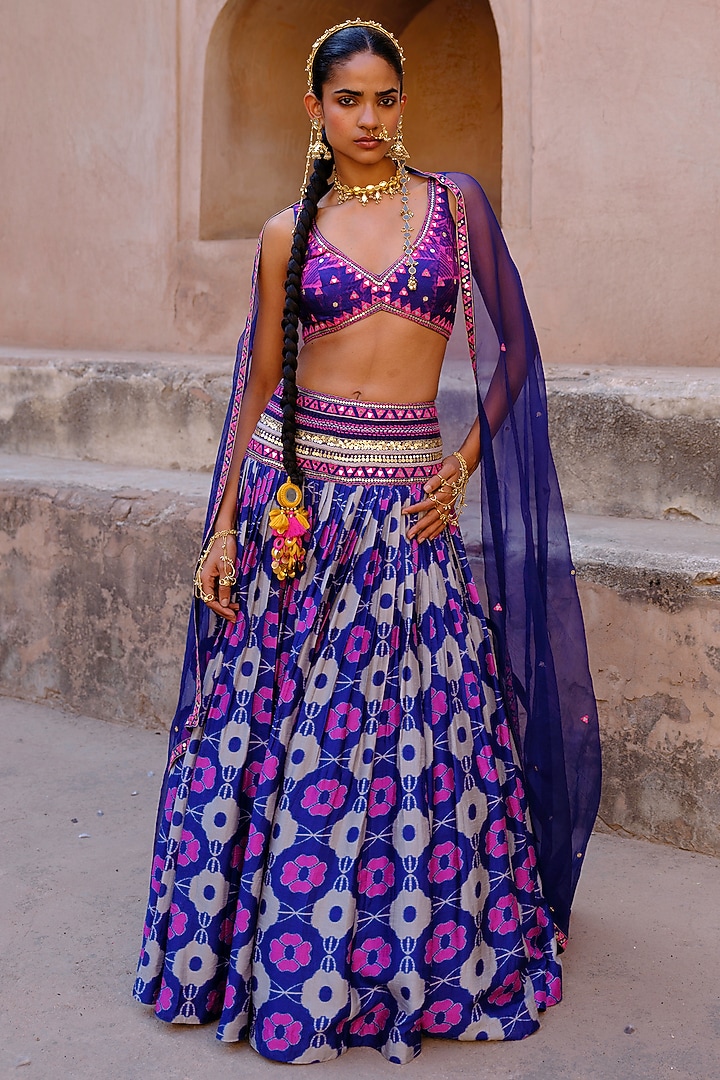 Blue Dupion Silk Ikat Digital Printed Wedding Lehenga Set by Drishti & Zahabia at Pernia's Pop Up Shop