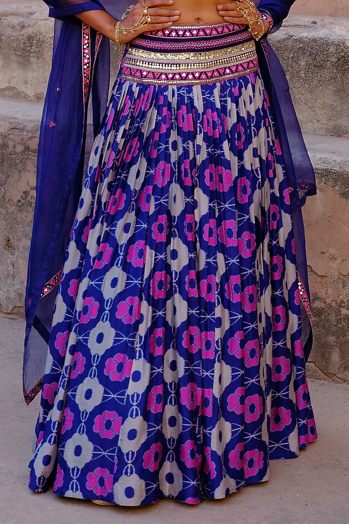 Blue Dupion Silk Ikat Digital Printed Wedding Lehenga Set by Drishti & Zahabia at Pernia's Pop Up Shop