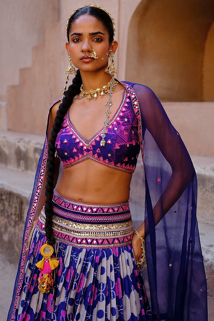 Blue Dupion Silk Ikat Digital Printed Wedding Lehenga Set by Drishti & Zahabia at Pernia's Pop Up Shop
