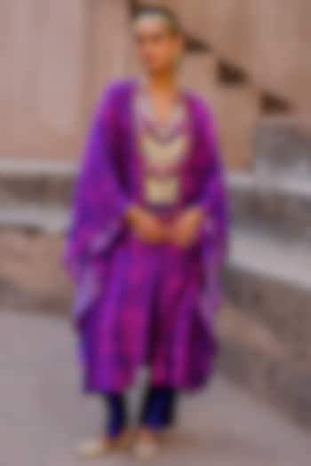 Blue Dupion Silk Sequin Hand Embroidered Kaftan Set by Drishti & Zahabia at Pernia's Pop Up Shop