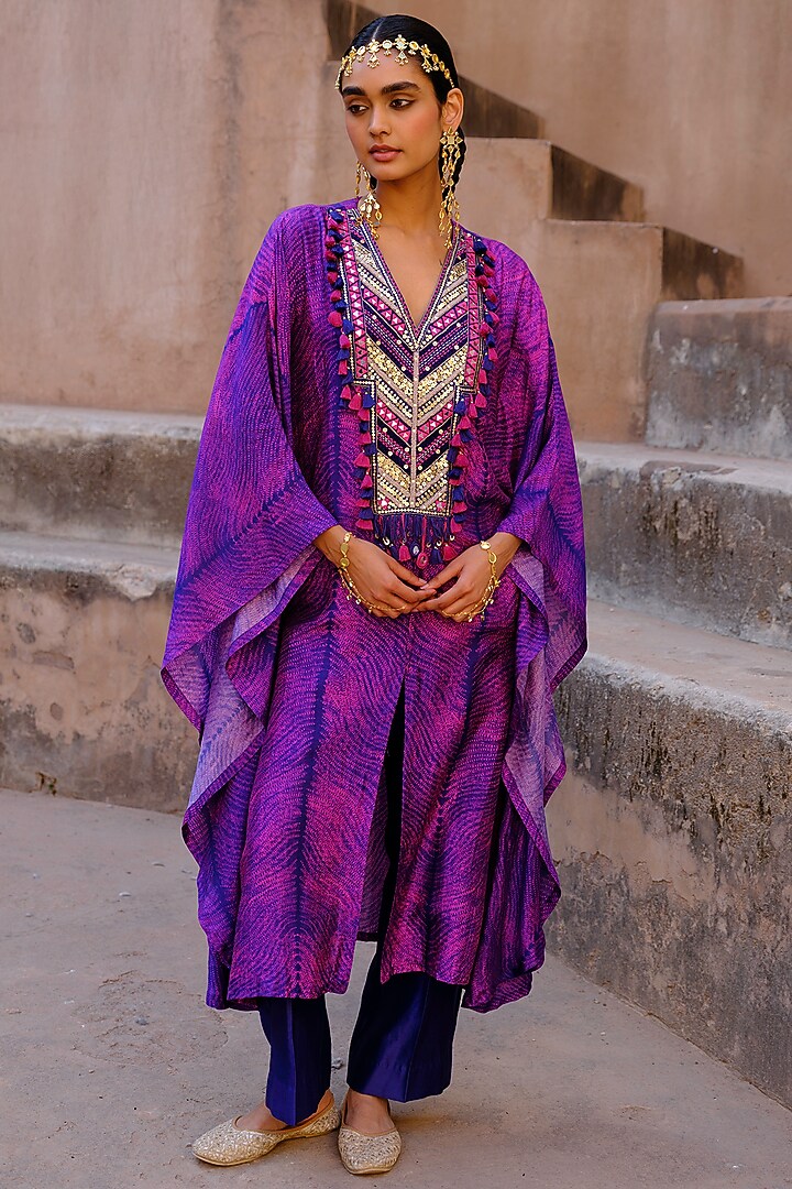 Blue Dupion Silk Sequin Hand Embroidered Kaftan Set by Drishti & Zahabia at Pernia's Pop Up Shop