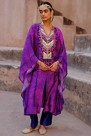 Blue Dupion Silk Sequin Hand Embroidered Kaftan Set by Drishti & Zahabia