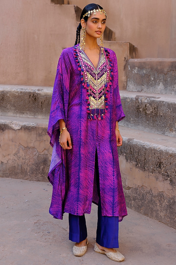 Blue Dupion Silk Sequin Hand Embroidered Kaftan Set by Drishti & Zahabia at Pernia's Pop Up Shop