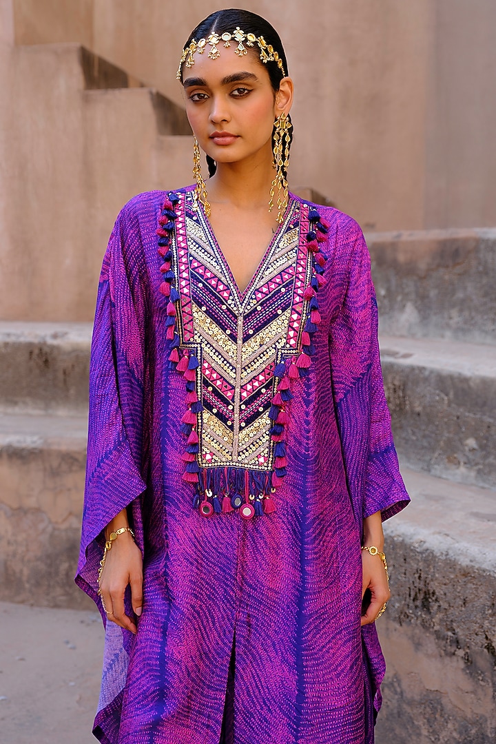 Blue Dupion Silk Sequin Hand Embroidered Kaftan Set by Drishti & Zahabia at Pernia's Pop Up Shop