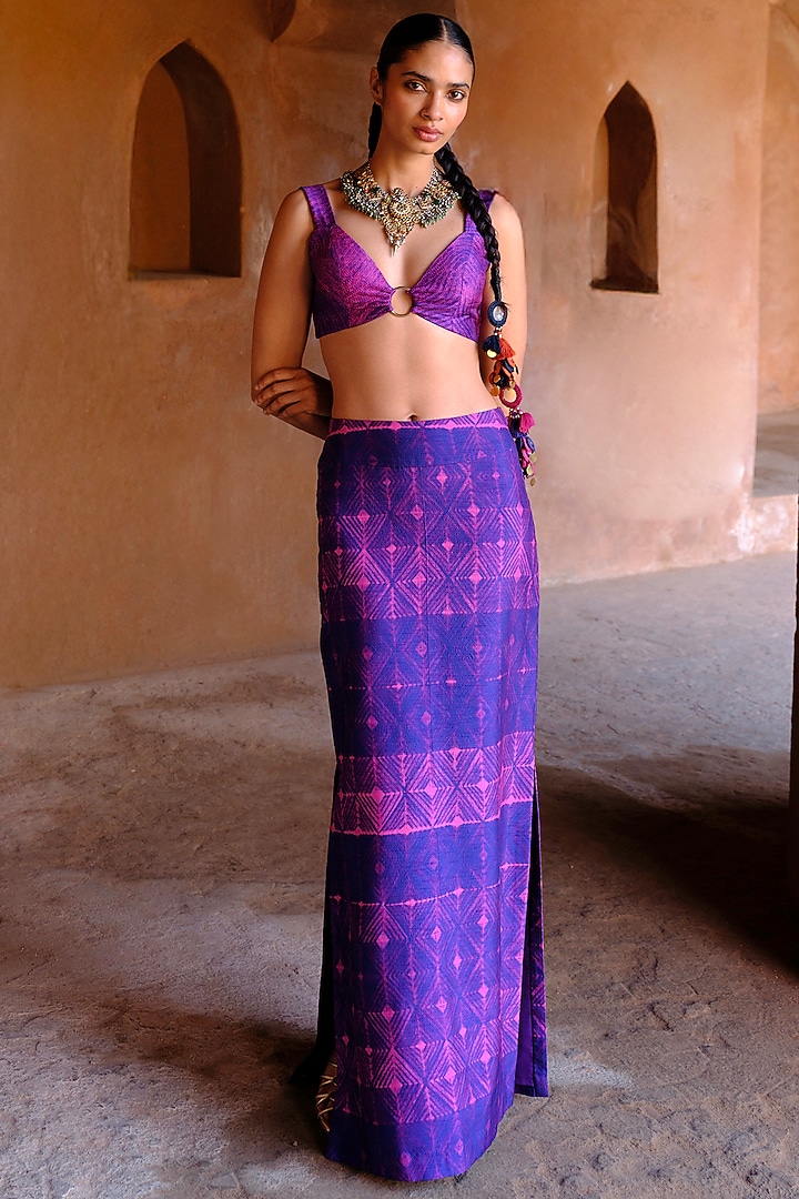 Blue Dupion Silk Ikat Digital Printed Pencil Skirt Set by Drishti & Zahabia at Pernia's Pop Up Shop