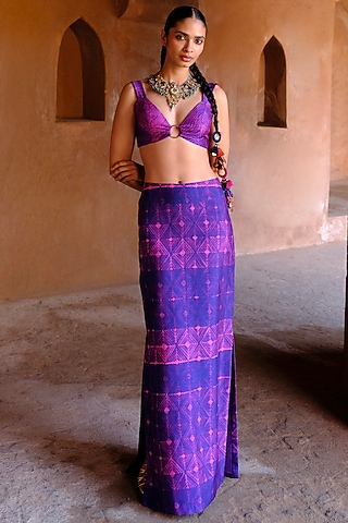 Blue Dupion Silk Ikat Digital Printed Pencil Skirt Set by Drishti & Zahabia