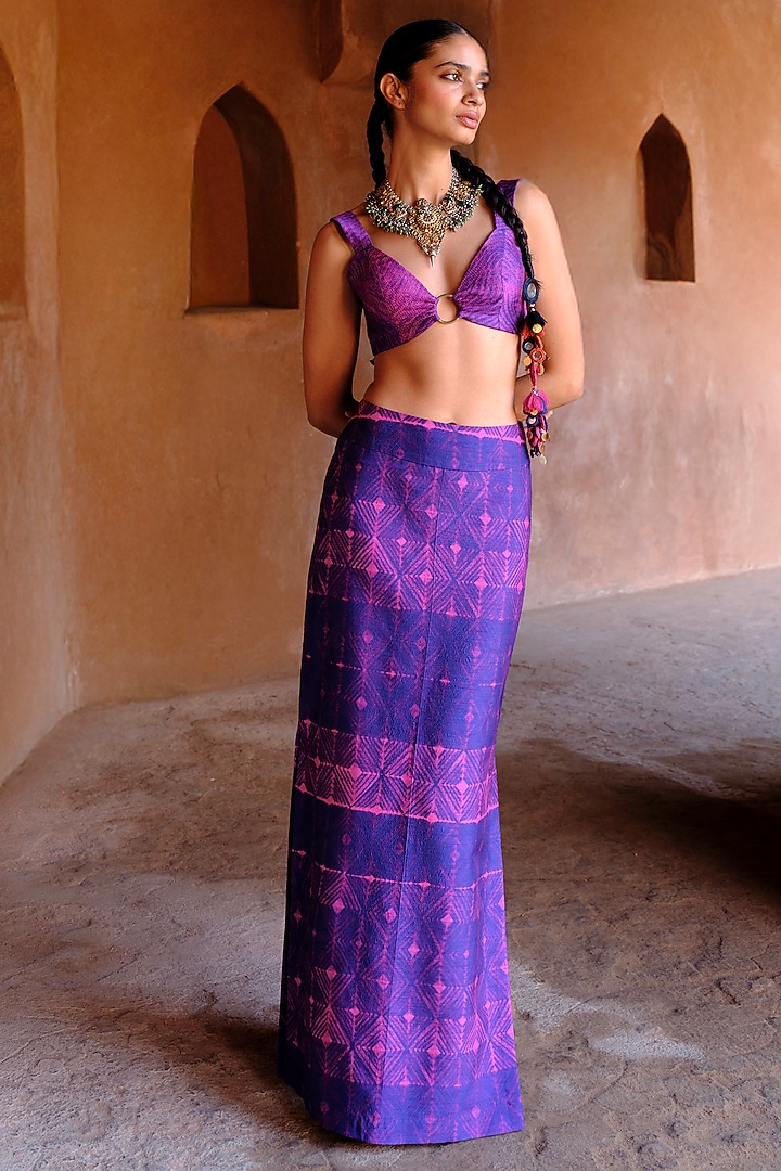 Blue Dupion Silk Ikat Digital Printed Pencil Skirt Set by Drishti & Zahabia at Pernia's Pop Up Shop