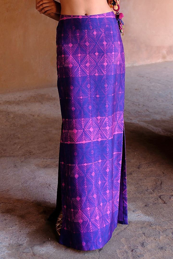 Blue Dupion Silk Ikat Digital Printed Pencil Skirt Set by Drishti & Zahabia at Pernia's Pop Up Shop