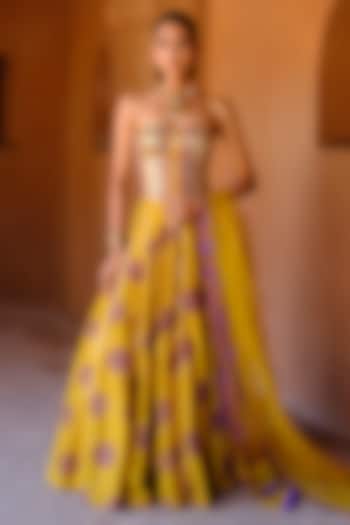Yellow Dupion Silk Printed & Embroidered Kalidar Wedding Lehenga Set by Drishti & Zahabia at Pernia's Pop Up Shop