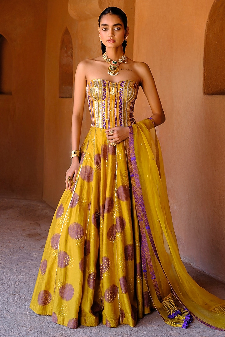 Yellow Dupion Silk Printed & Embroidered Kalidar Wedding Lehenga Set by Drishti & Zahabia at Pernia's Pop Up Shop