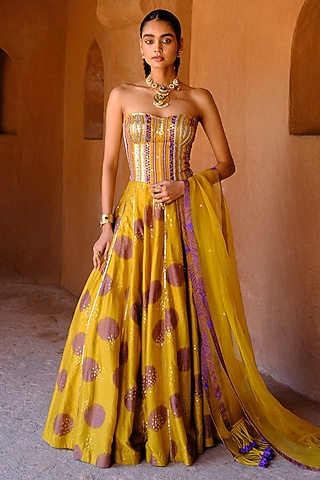 Yellow Dupion Silk Printed & Embroidered Kalidar Lehenga Set by Drishti & Zahabia
