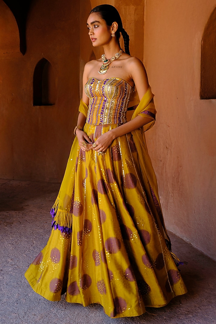 Yellow Dupion Silk Printed & Embroidered Kalidar Wedding Lehenga Set by Drishti & Zahabia at Pernia's Pop Up Shop