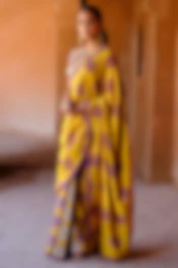 Yellow Dupion Silk Ikat Digital Printed Wedding Saree Set by Drishti & Zahabia at Pernia's Pop Up Shop