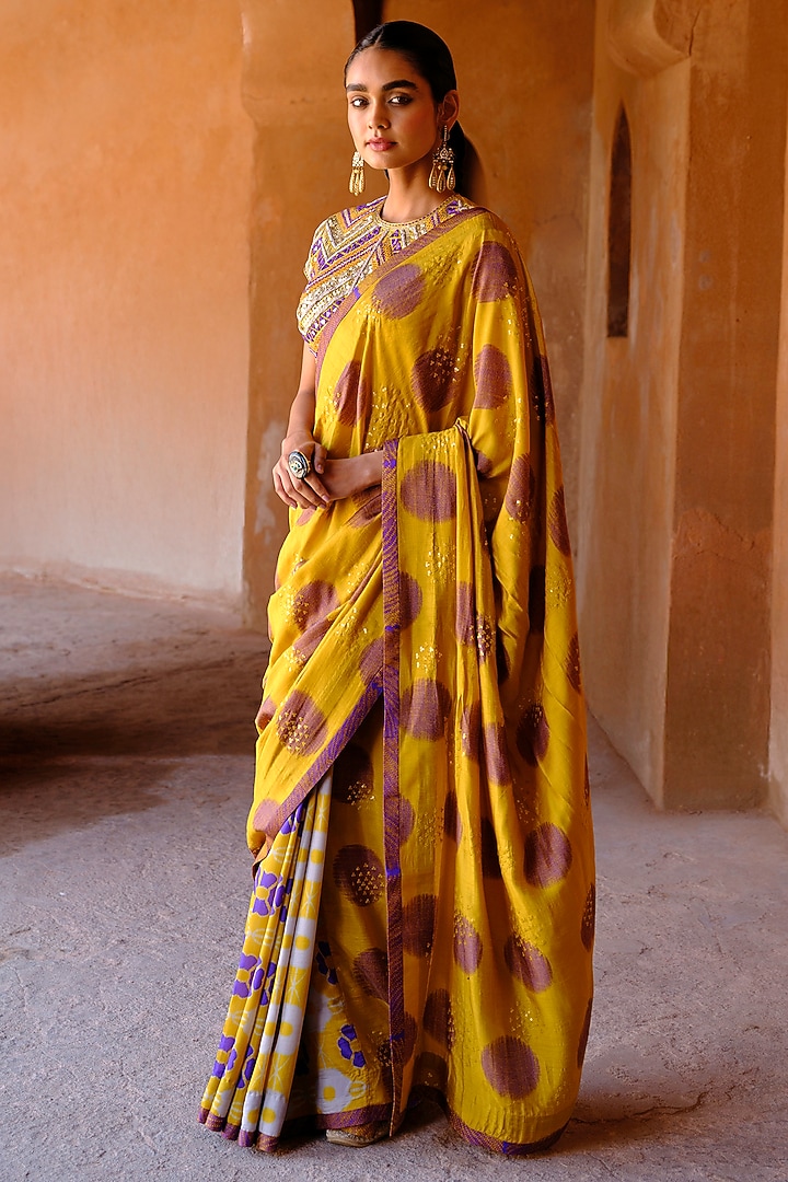 Yellow Dupion Silk Ikat Digital Printed Wedding Saree Set by Drishti & Zahabia at Pernia's Pop Up Shop