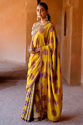 Yellow Dupion Silk Ikat Digital Printed Saree Set by Drishti & Zahabia