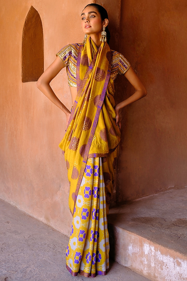 Yellow Dupion Silk Ikat Digital Printed Wedding Saree Set by Drishti & Zahabia at Pernia's Pop Up Shop