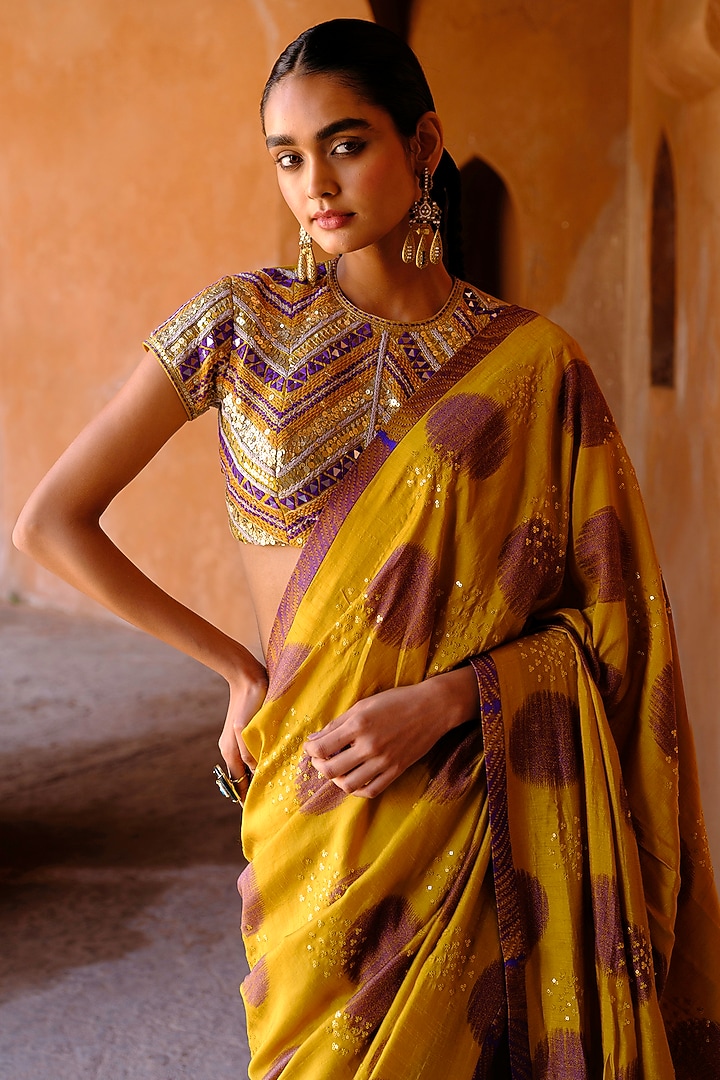 Yellow Dupion Silk Ikat Digital Printed Wedding Saree Set by Drishti & Zahabia at Pernia's Pop Up Shop