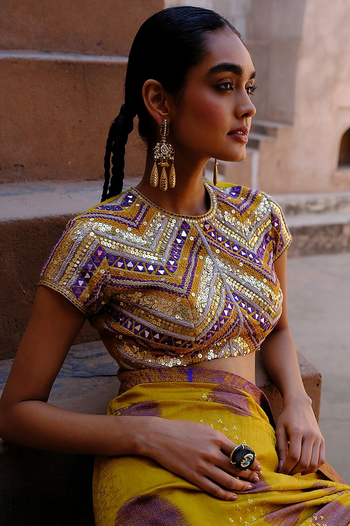 Yellow Dupion Silk Ikat Digital Printed Wedding Saree Set by Drishti & Zahabia at Pernia's Pop Up Shop
