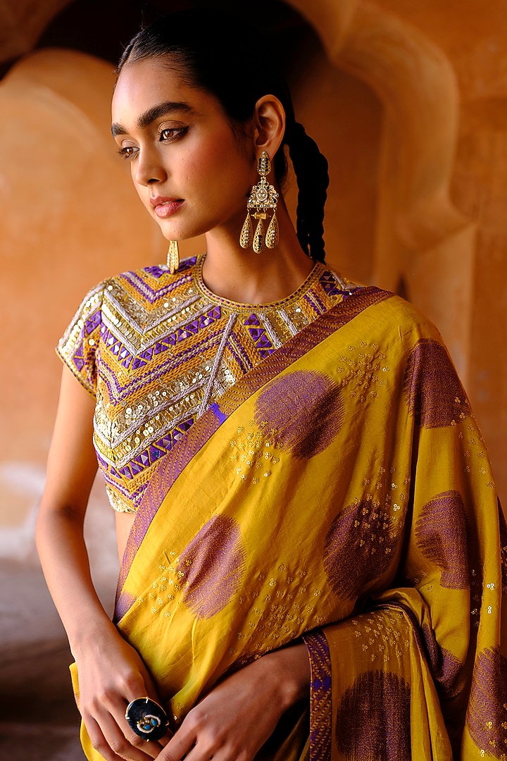 Yellow Dupion Silk Ikat Digital Printed Wedding Saree Set by Drishti & Zahabia at Pernia's Pop Up Shop