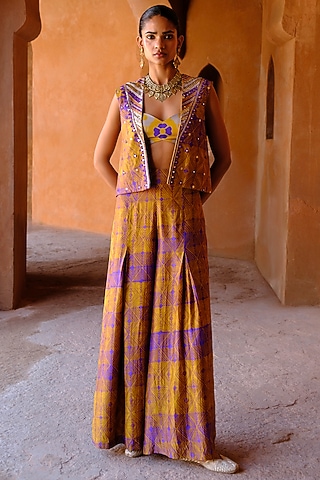 Yellow Dupion Silk Box Pleated Pant Set by Drishti & Zahabia