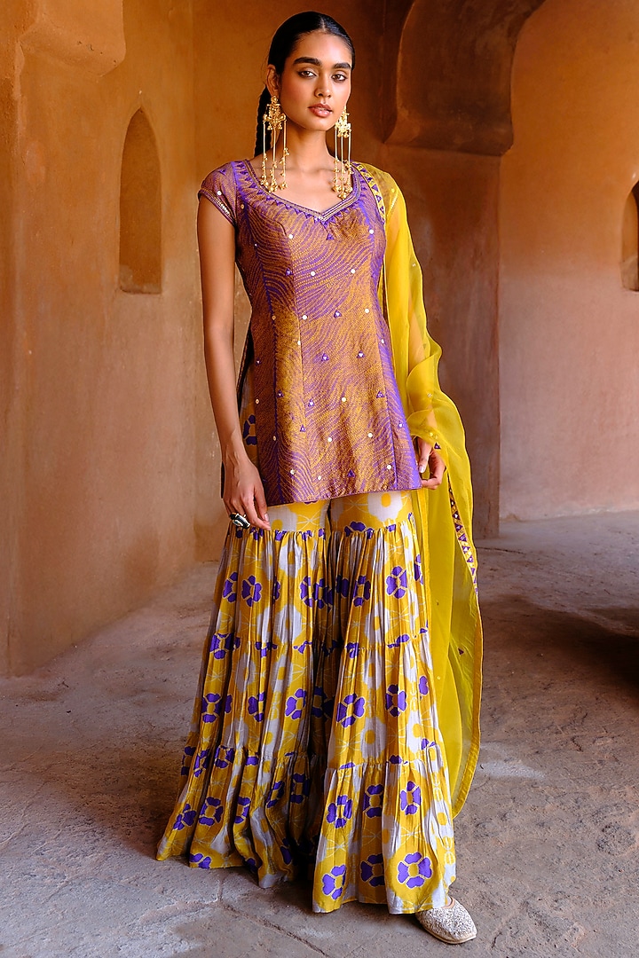 Yellow Dupion Silk Ikat Digital Printed Wedding Sharara Set by Drishti & Zahabia at Pernia's Pop Up Shop