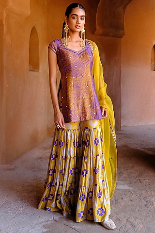 Yellow Dupion Silk Ikat Digital Printed Sharara Set by Drishti & Zahabia