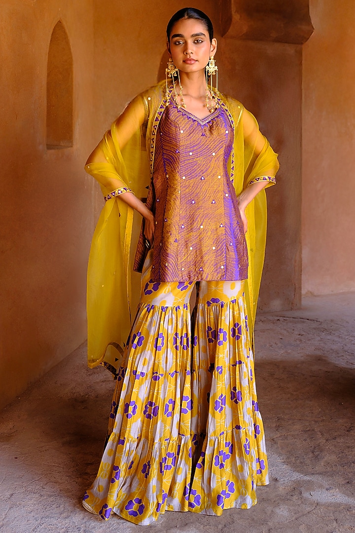 Yellow Dupion Silk Ikat Digital Printed Wedding Sharara Set by Drishti & Zahabia at Pernia's Pop Up Shop