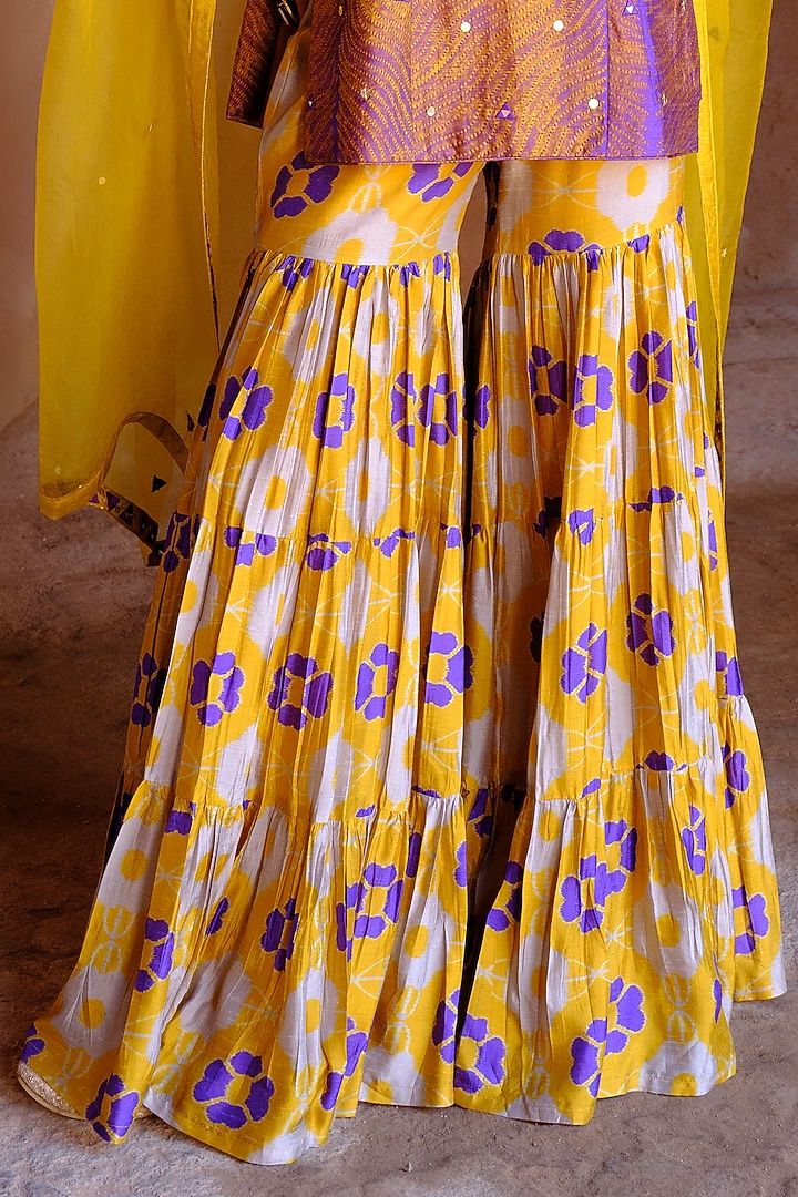Yellow Dupion Silk Ikat Digital Printed Wedding Sharara Set by Drishti & Zahabia at Pernia's Pop Up Shop