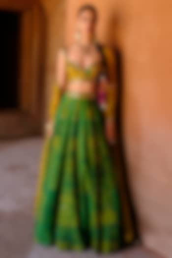 Green Dupion Silk Mirror Hand Embroidered Wedding Lehenga Set by Drishti & Zahabia at Pernia's Pop Up Shop