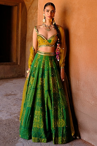 Green Dupion Silk Mirror Hand Embroidered Lehenga Set by Drishti & Zahabia