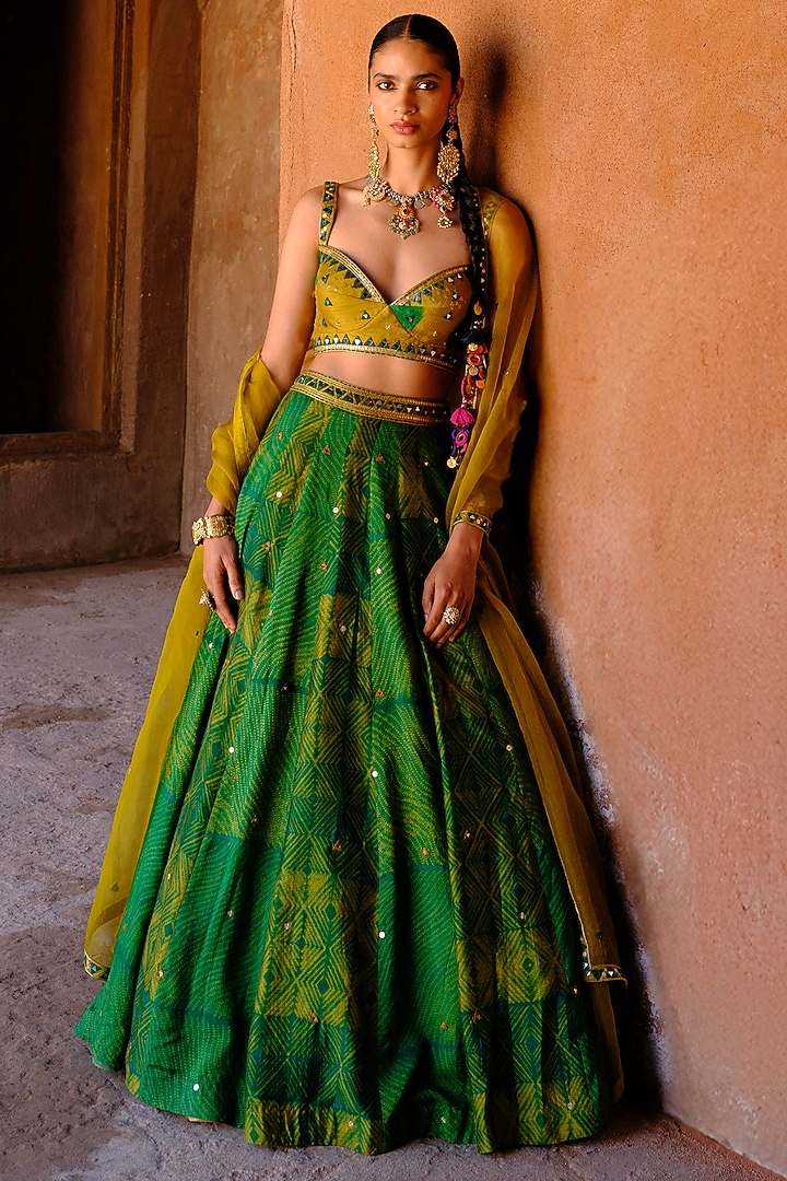 Green Dupion Silk Mirror Hand Embroidered Wedding Lehenga Set by Drishti & Zahabia at Pernia's Pop Up Shop