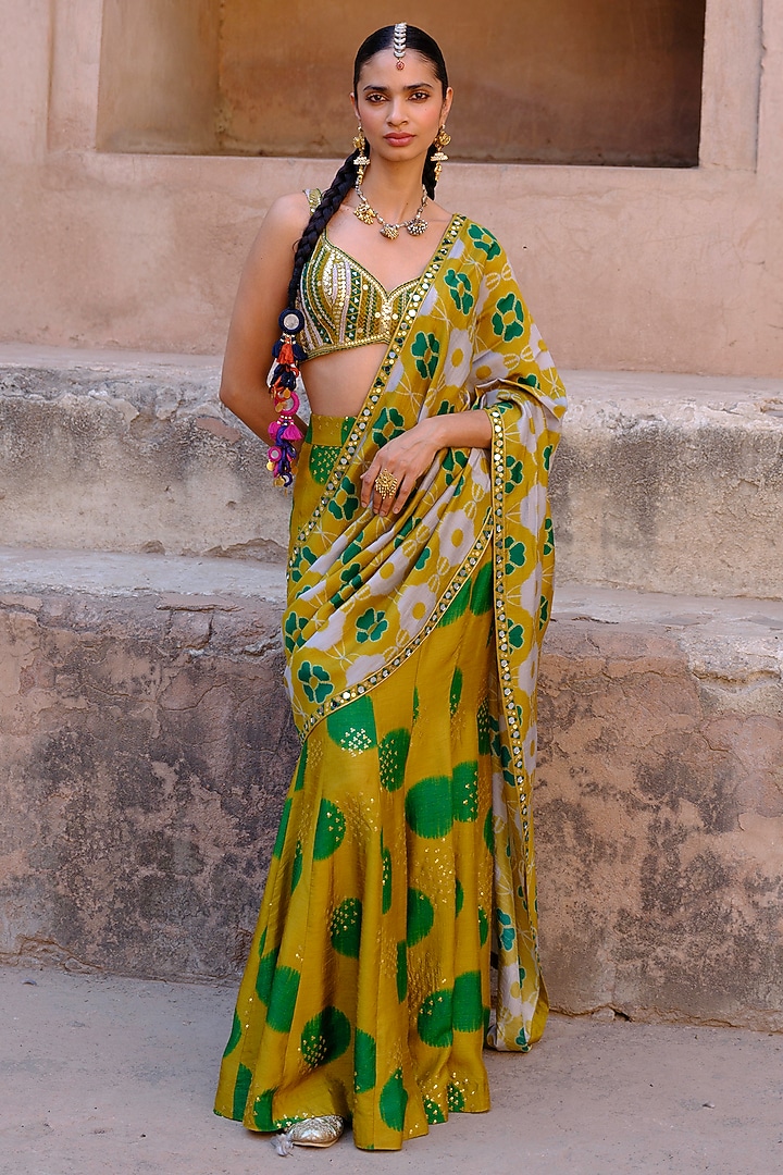 Green Dupion Silk Ikat Digital Printed Fish-Tail Wedding Saree Set by Drishti & Zahabia at Pernia's Pop Up Shop
