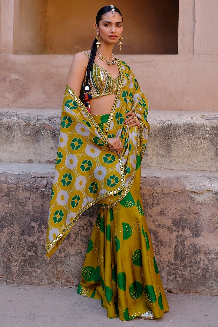 Green Dupion Silk Ikat Digital Printed Fish-Tail Wedding Saree Set by Drishti & Zahabia at Pernia's Pop Up Shop