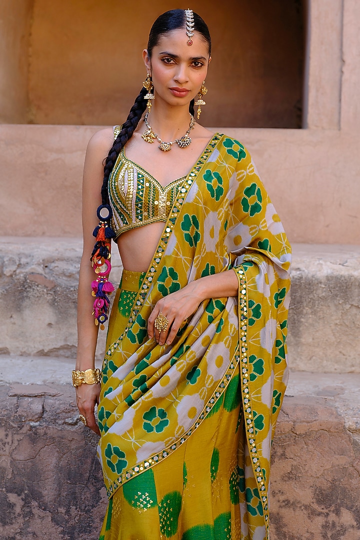 Green Dupion Silk Ikat Digital Printed Fish-Tail Wedding Saree Set by Drishti & Zahabia at Pernia's Pop Up Shop