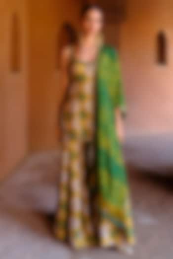 Green & Yellow Dupion Silk Ikat Digital Printed Kalidar Pant Set by Drishti & Zahabia at Pernia's Pop Up Shop