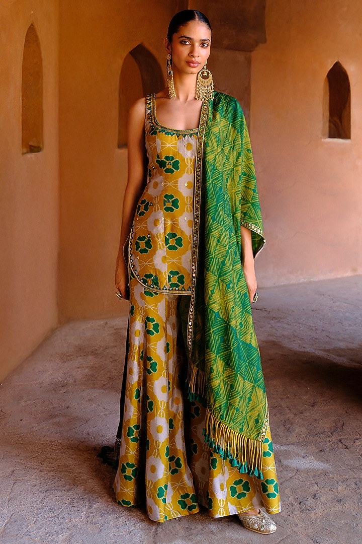Green & Yellow Dupion Silk Ikat Digital Printed Kalidar Pant Set by Drishti & Zahabia at Pernia's Pop Up Shop