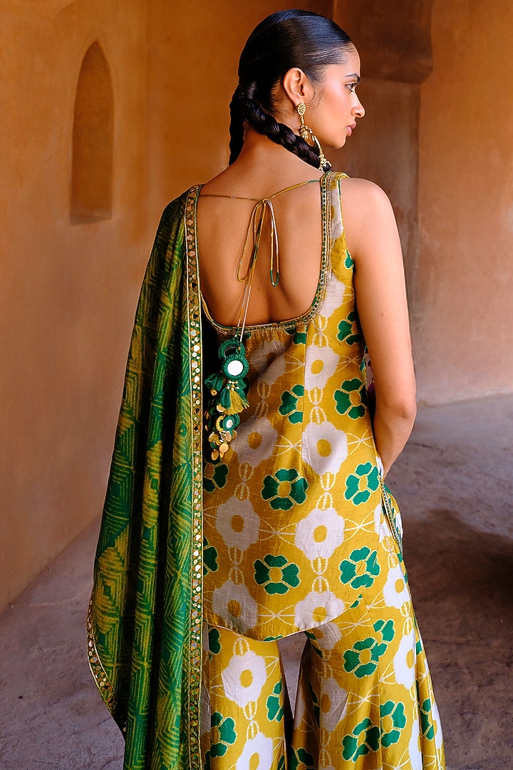 Green & Yellow Dupion Silk Ikat Digital Printed Kalidar Pant Set by Drishti & Zahabia at Pernia's Pop Up Shop