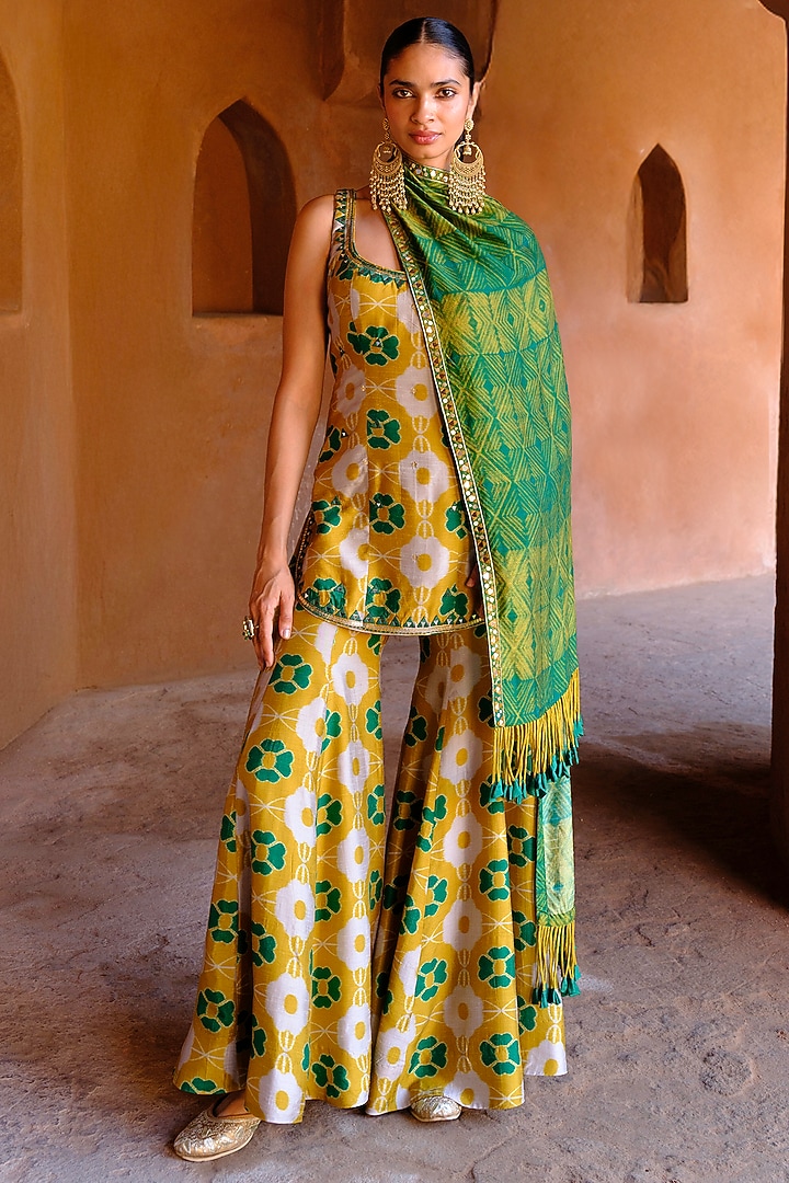 Green & Yellow Dupion Silk Ikat Digital Printed Kalidar Pant Set by Drishti & Zahabia at Pernia's Pop Up Shop
