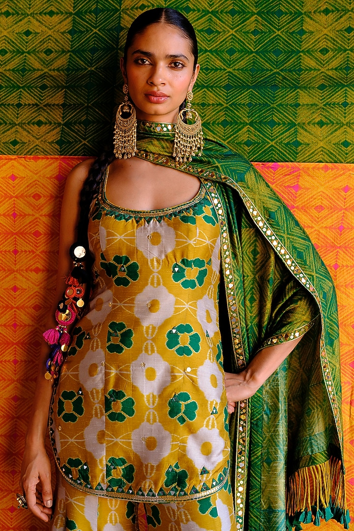 Green & Yellow Dupion Silk Ikat Digital Printed Kalidar Pant Set by Drishti & Zahabia at Pernia's Pop Up Shop