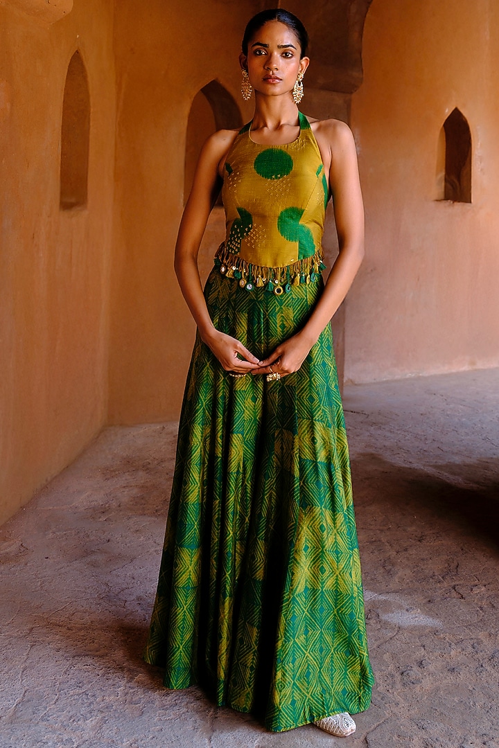 Green Dupion Silk Ikat Digital Printed Kalidar Pant Set by Drishti & Zahabia at Pernia's Pop Up Shop