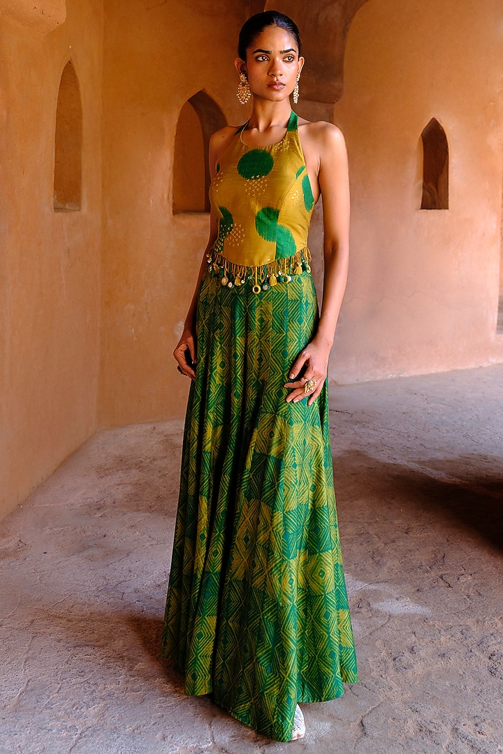 Green Dupion Silk Ikat Digital Printed Kalidar Pant Set by Drishti & Zahabia at Pernia's Pop Up Shop
