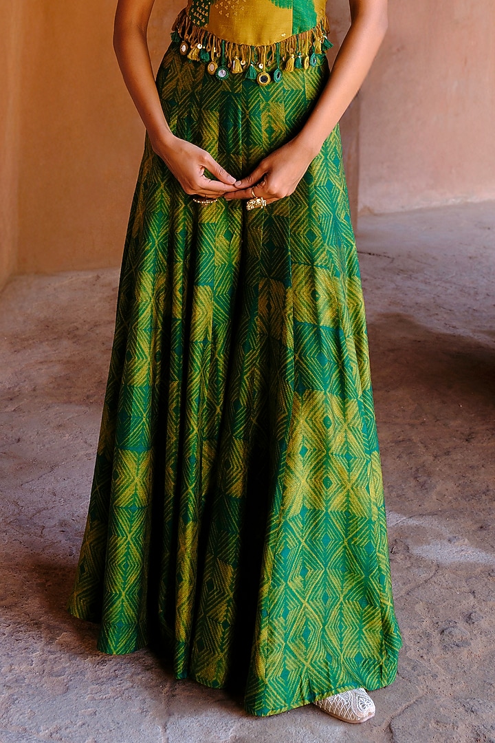 Green Dupion Silk Ikat Digital Printed Kalidar Pant Set by Drishti & Zahabia at Pernia's Pop Up Shop