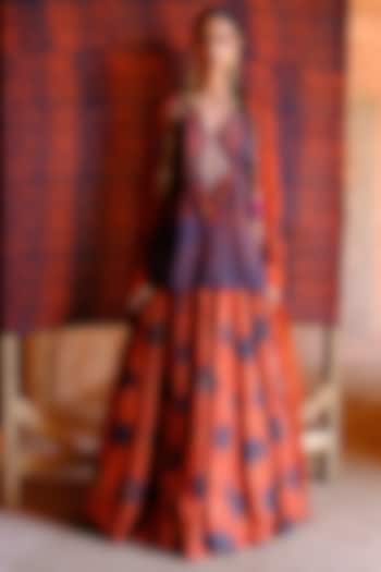 Rust Dupion Silk Ikat Digital Printed Wedding Lehenga Set by Drishti & Zahabia at Pernia's Pop Up Shop