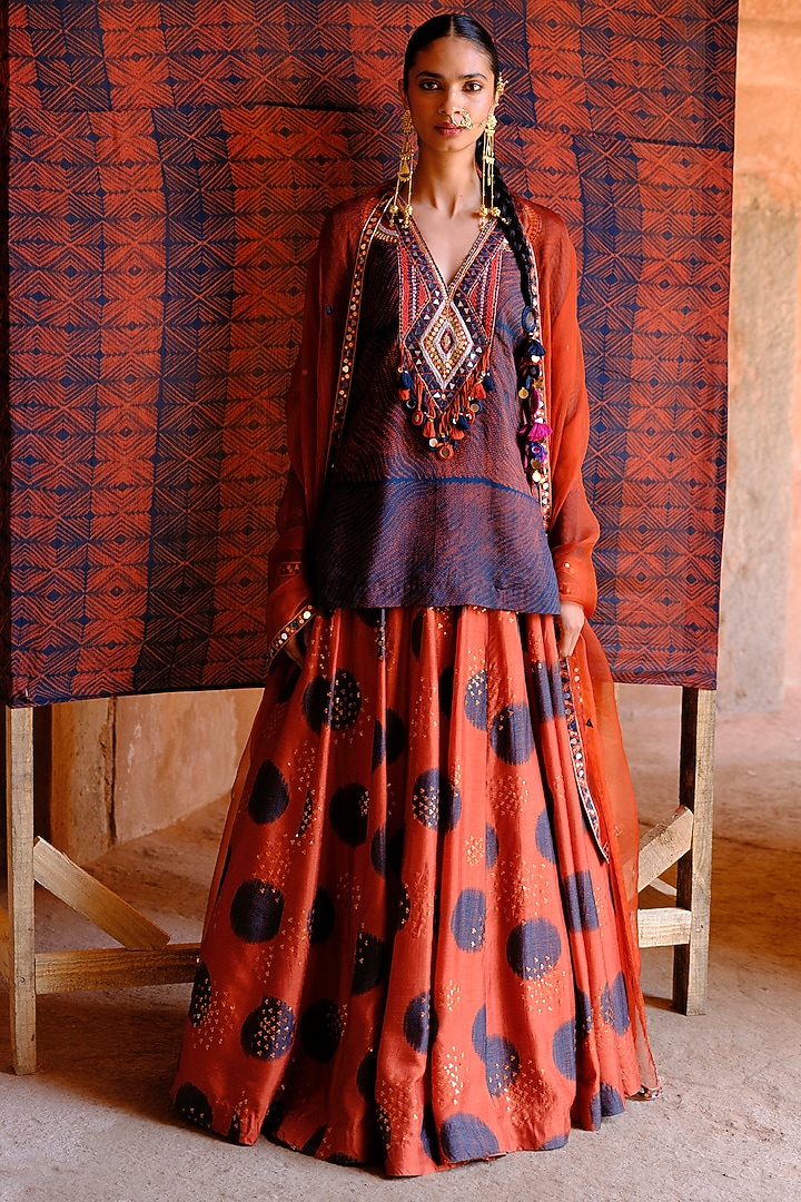 Rust Dupion Silk Ikat Digital Printed Wedding Lehenga Set by Drishti & Zahabia at Pernia's Pop Up Shop