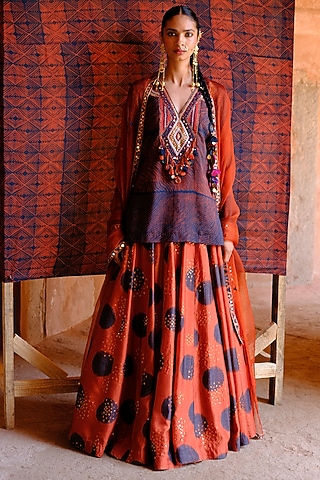 Rust Dupion Silk Ikat Digital Printed Lehenga Set by Drishti & Zahabia